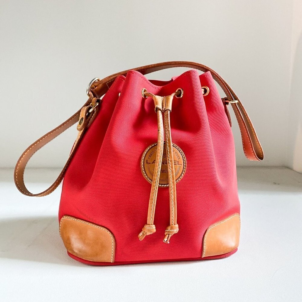 LAncel France Red Nylon Vachetta Leather Trim Drawstring Bucket Bag